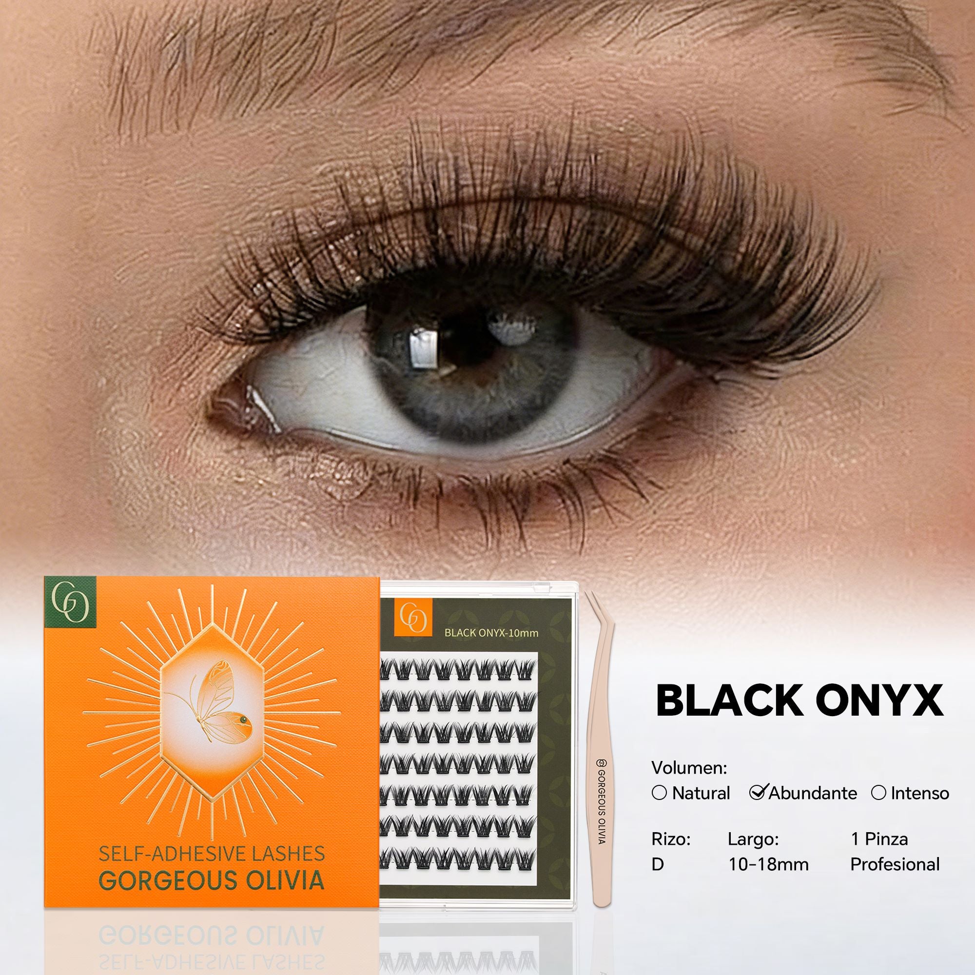 Gorgeous Olivia Black Onyx self-adhesive cluster lashes - defined natural black glue-free false eyelashes on eyes, waterproof long-lasting hold for active lifestyle, easy beginner application no glue required