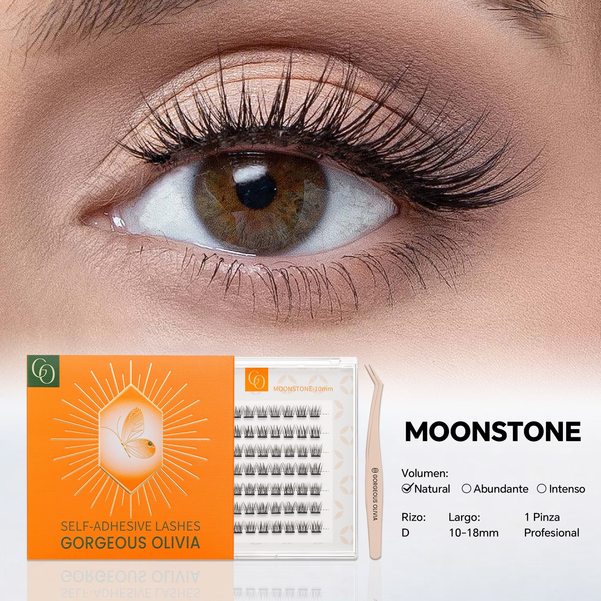 Gorgeous Olivia Moonstone self-adhesive cluster lashes - soft elegant natural glue-free eyelashes worn by model, ultra lightweight and comfortable for beginners, wispy everyday look without glue